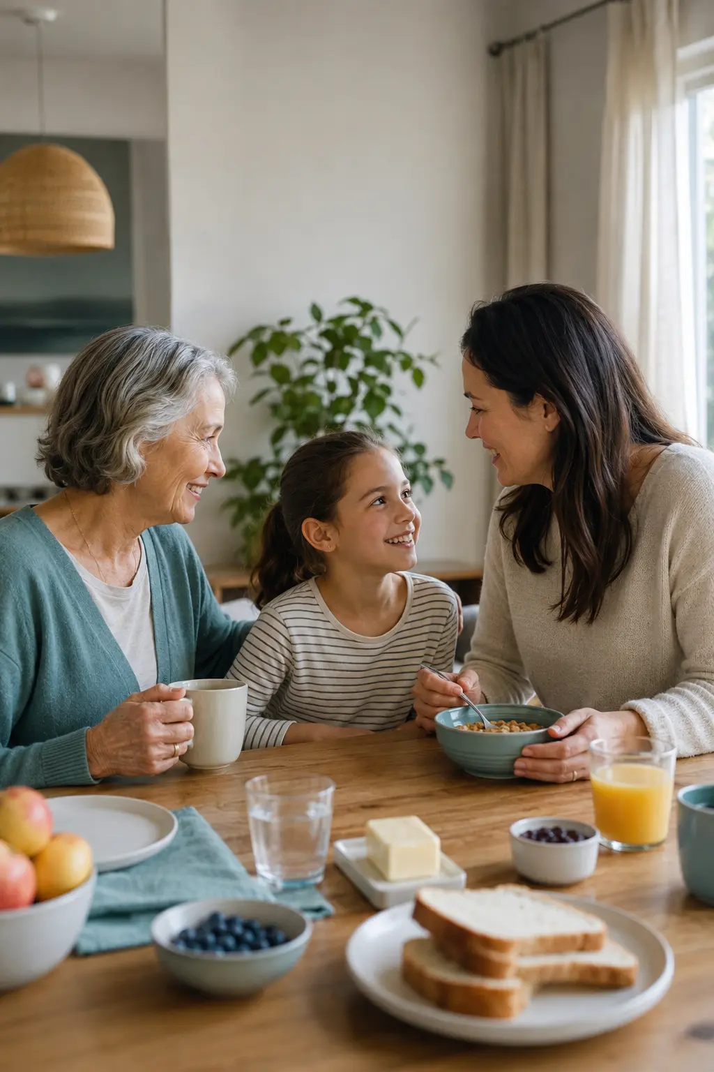Trois générations réunies paisiblement autour du petit-déjeuner