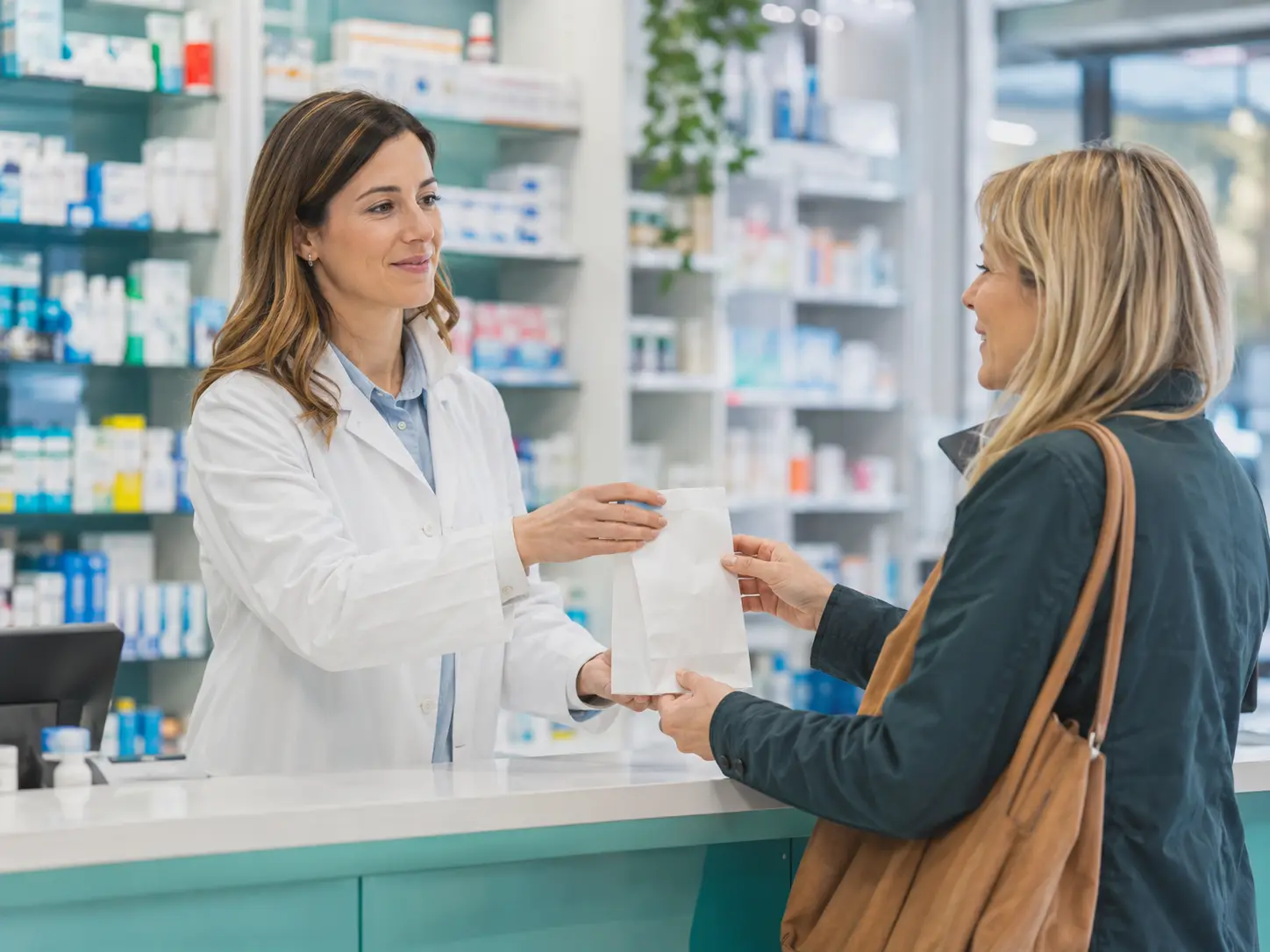 Une pharmacienne remet un traitement à une cliente dans une pharmacie